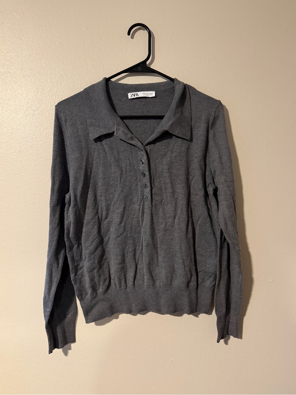 Zara Charcoal Gray Collared Button Knit Pullover Size XL